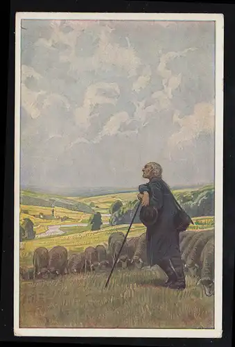 Tiere-AK Paul Hey: Landschaftsbild mit Schäfer und Schafherde, ungebraucht