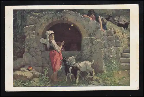 Tiere-AK Ernst Stückelberg: Am Brunnen von Rocca Ceri  - Frau mit Ziegen, 1925
