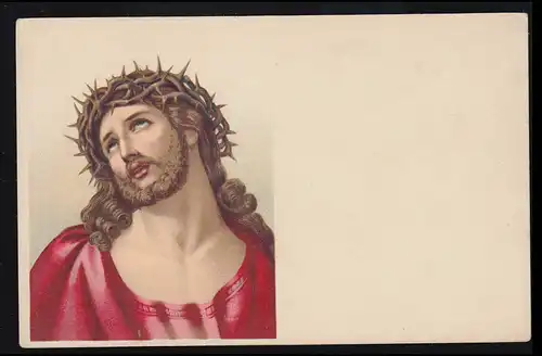 AK Jesusportrait am Kreuz mit Dornenkranz im rosen Gewand, ungebraucht