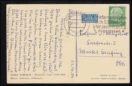 AK Bernodino Luini: Die Heilige Familie, Werbestempel NÜRNBERG 21.10.1951