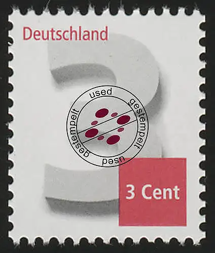 2964 Drei Cent, NASSKLEBEND, gestempelt O