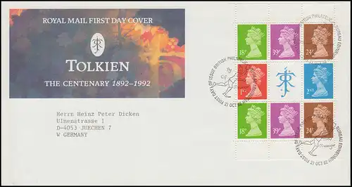 Großbritannien: Heftchenblatt 172 aus MH 100 Tolkien auf Schmuck-FDC 1992