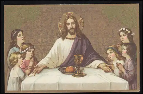 AK La prière du soir: le Christ bénit le pain et le vin avec les enfants à table