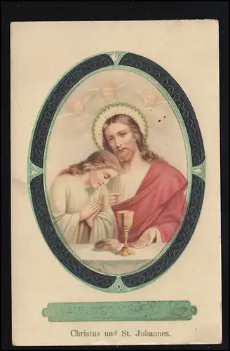 Präge-AK Christus und St. Johannes mit Kelch im Oval, ungebraucht