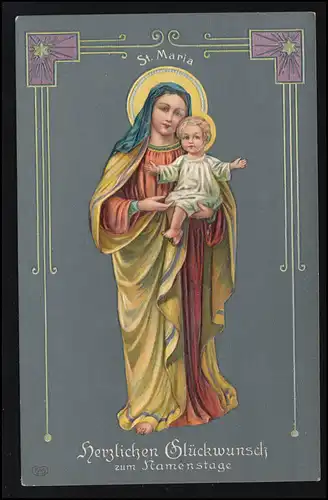 Präge-AK Namenstag: St. Maria mit Christkind auf dem Arm, ungebraucht