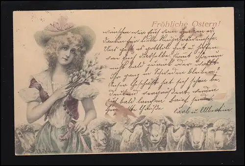 Tiere-AK Ostern: Schäferin mit Schafen und Weidenkätzchen, BRESLAU 31.3.1904