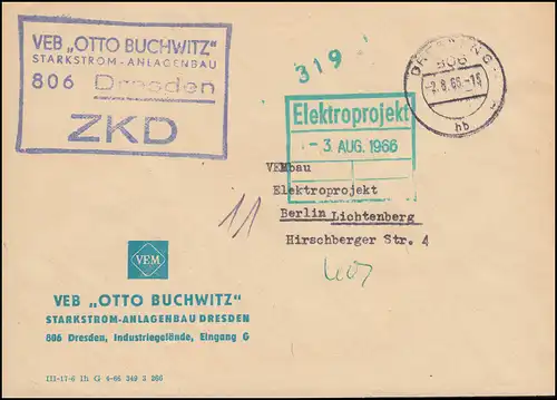 Lettre ZKD VEB OTTO Buchwitz Starkstrom-Installationsbau DRESDEN 2.8.1966 à Berlin