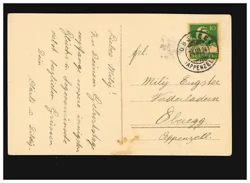 AK Femmes: femme assise café vase de fleurs photos table, Oberegg 24.3.1924