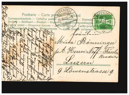 AK Femmes: femme vêtue de colombes blanches, clair de soleil, Appenzell 20.7.1909