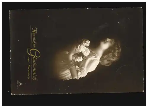 AK Frauen: Frau lockige Haare, weisse Blumen, Glückwunsch Namenstag, Ingolstadt 