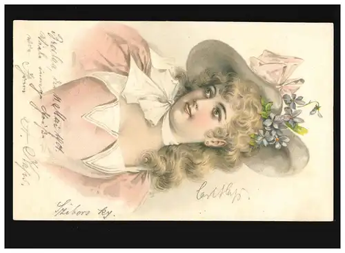 AK Frauen: Frau mit Locken, Blüte, Hut und Schleife am Hals, Breslau 18.05.1901