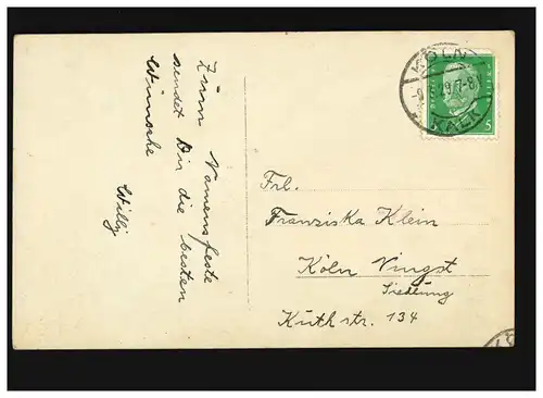 AK Femmes:Femme avec robe de fleur et bouquet coloré, Fête des Noms, Cologne 09.03.1929