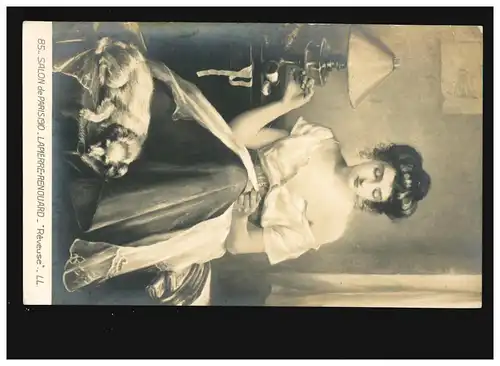 AK Femmes: femme assise dans la pensée, avec chien, salon de Paris 1910, imprimé