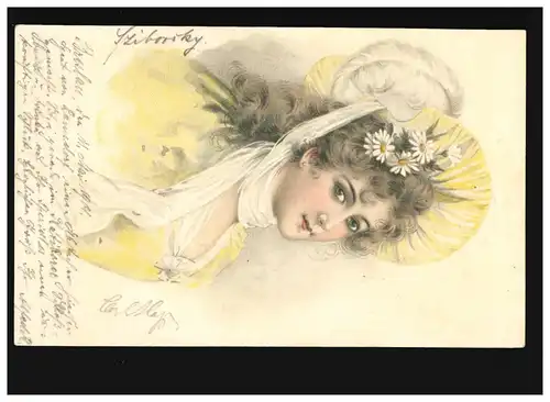 AK Femmes: femme Houblon et marguerites dans les cheveux, robe jaune, Ratibor 12.05.1901