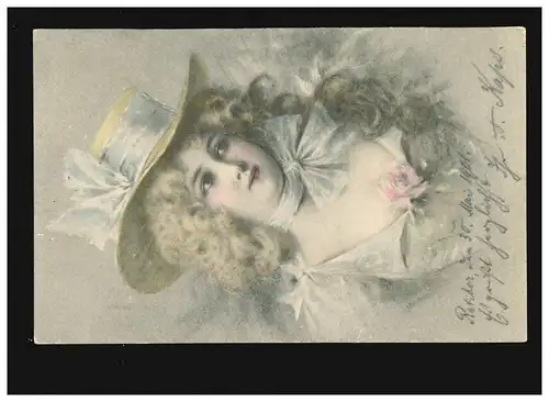 AK Femmes: femme avec chapeau et fleurs, grand boucle sur le cou, Ratibor 30.05.1901