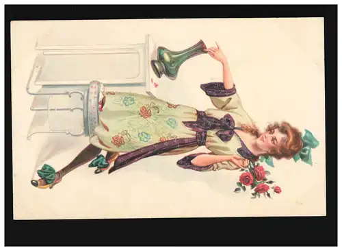 Femmes AK: femme avec vase et roses rouges, boucles vertes, tabouret, inutilisé