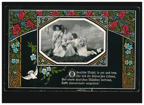 AK Femmes: Femmes couchées Fleurs Guitare, Oh Allemande fille, marquée 1917