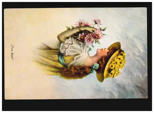 AK Femmes: Femme avec chapeau et boucles, bouquet rose, "De Lui!", Poste de campagne