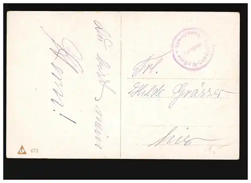 AK Frauen: Frau mit Hut und Locken, rosa Blumenstrauß, "Von Ihm!", Feldpost