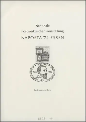 NAPOSTA Essen Sonderdruck 1974 schwarz groß, UPU Weltpostverein, ESSt