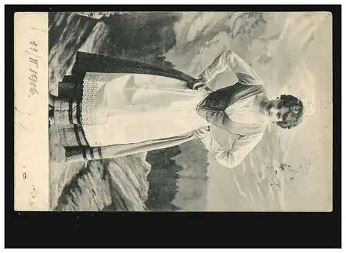 AK Femmes: Femme au Dirndl devant les montagnes, Nagy-Varad/Budapest 06.02.1912