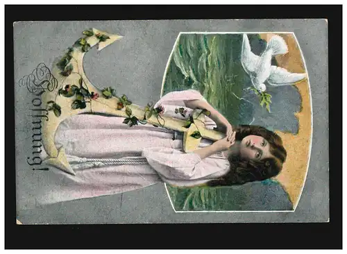 AK Femmes: Femme à genoux, avec croix, colombe blanche, râle, espoir!, inutile