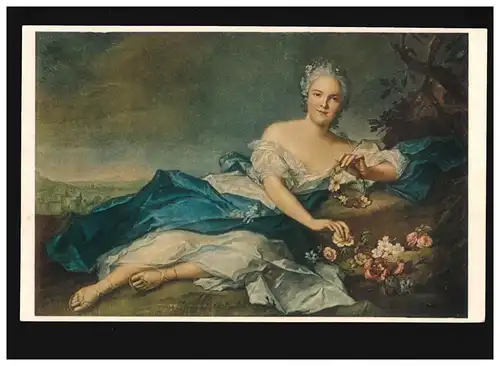 AK Femmes: femme couchée, avec un vêtement bleu blanc, couronne de fleurs, non utilisé