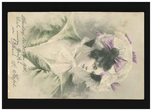 AK Frauen: elegante Frau mit Haube lila Schleifen im Haar, Ratibor 30.05.1901