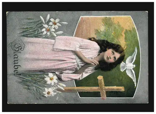 AK Femmes: Femme priant, avec croix, colombe blanche, fleurs, foi!, inutilisé