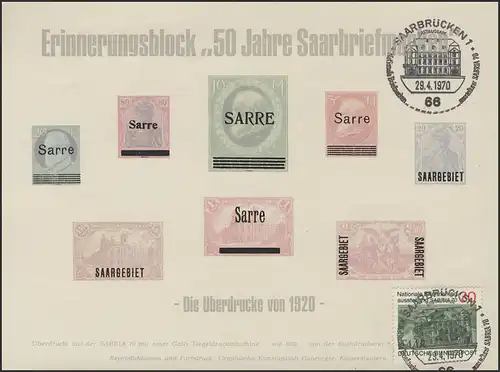 Sonderdruck Saar-Überdrucke von 1920 SABRIA 1970, ESSt FAKSIMILE