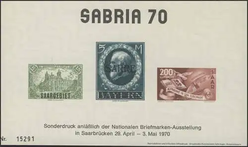 Impression spéciale Germania & Bayern & Saar SABRIA 1970, ** FAKSIMILE