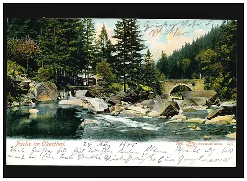 AK Okerthal mit Brücke und Fluss, Wald, Harz, Goslar 24.03.1905/ Unna 25.03.1905