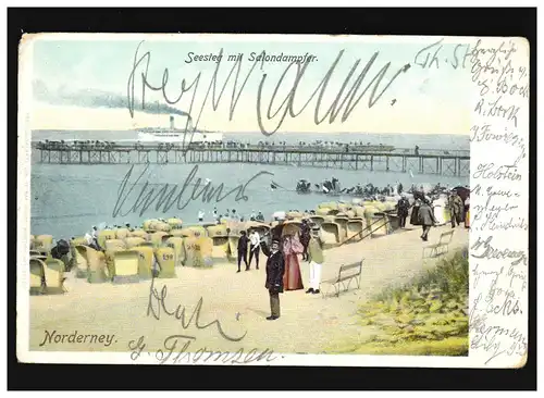 AK Norderney Seesteg mit Salondampfer Strandkörbe, Norderney 10.08.1902