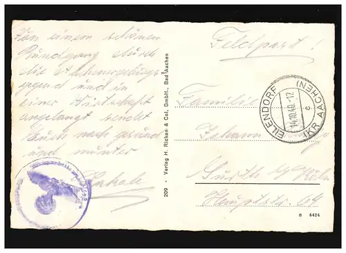 AK Bad Aachen, Dom Turmpartie, Feldpost, Eilendorf 14.10.1940