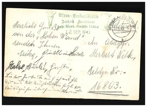 AK Saundsgrat Haute muraille, Alpes, Feldpost, Wiener Neustadt 13.9.1943