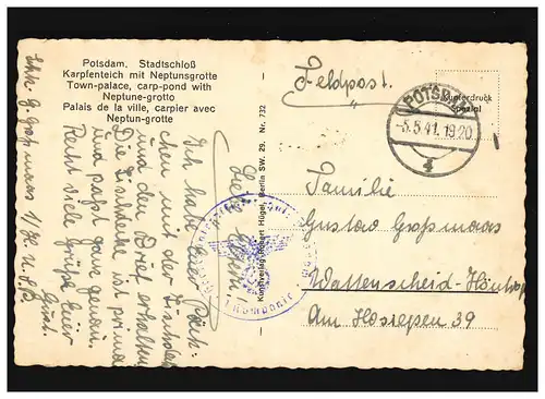 AK Potsdam, Château de Carpe, Neptungrotte, Feldpost, PotSdam 5.5.1941