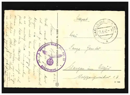 AK Karlsruhe à Baden, Rheinhafen, Feldpost, Karlsruhe Durlach 13.6.1942
