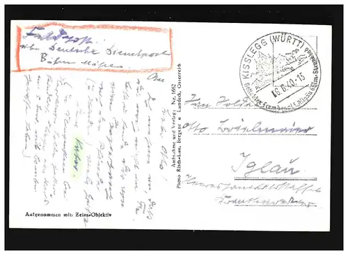 AK Pfänder Hotel, vue sur la vallée du Rhin, Kisslegg (Württ) 6.6.1940