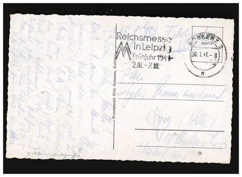 AK Koblenz am Rheinufer, Feldpost, Reichsmesse Leipzig, Koblenz 30.1.1941