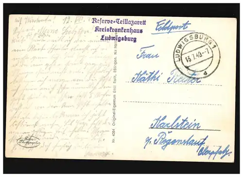 AK Ludwigsburg Schloss, Feldpost, Lodwiigsburg 13.7.1940