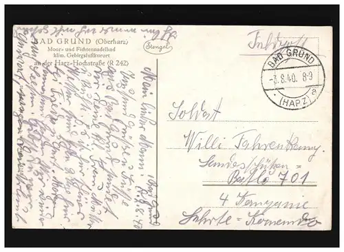 AK Bad Grund, Harz - Badehaus, Feldpost, Bad Grund (Harz) 3.8.1940