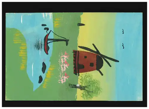 Landwirtschaft Windmühle Mühlteich Boot Wiesen Bäume Kunstkarte, ungebraucht