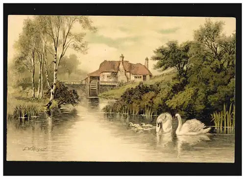 Landwirtschaft Mühle Birken Mühlrad Schwäne Maler F.W. Hayes, ungebraucht