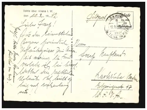 AK Blick von Dahle auf Kohlberghaus Altena Sauerland, Feldpost, Dahle 12.9.1942