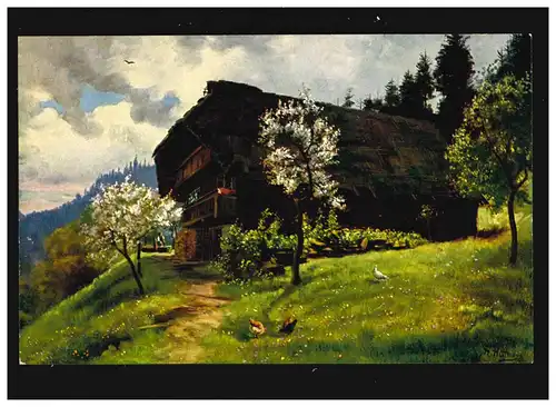 Landwirtschaft Bauernhof Hühner Wiese Blüten Frühling Schwarzwald, ungebraucht