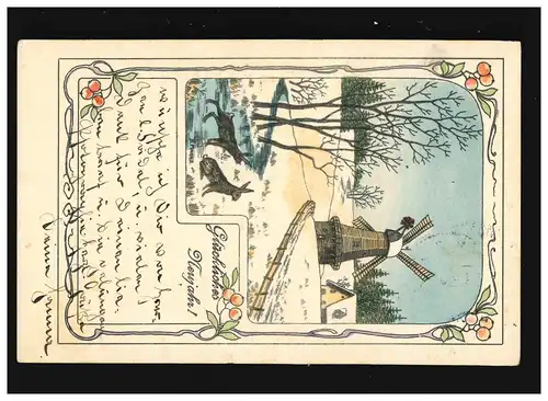 Agriculture Moulin à vent Neige Bonne année,Stuttgart /Meran 31.12.1903