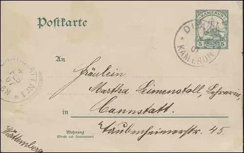 Kamerun Postkarte P 8 Schiffszeichnung 5 Pf. DUALA KAMERUN 1907 nach CANNSTATT 