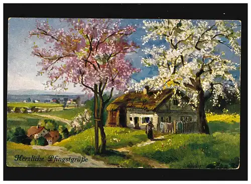 Landwirtschaft Bauernhaus Herzliche Pfingstgrüße Feldpost, Leipzig 9.6.1918