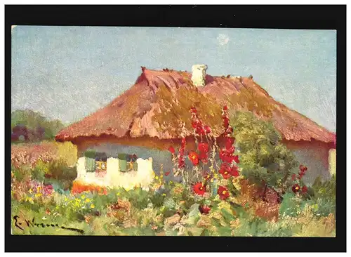 Landwirtschaft Bauernhaus Reetdach Stroh Blumen Bauerngarten, ungebraucht