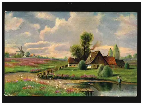 Landwirtschaft Bauernhaus Hof Wiesen Blumen Windmühle Teich, Feldpost 23.9.1917